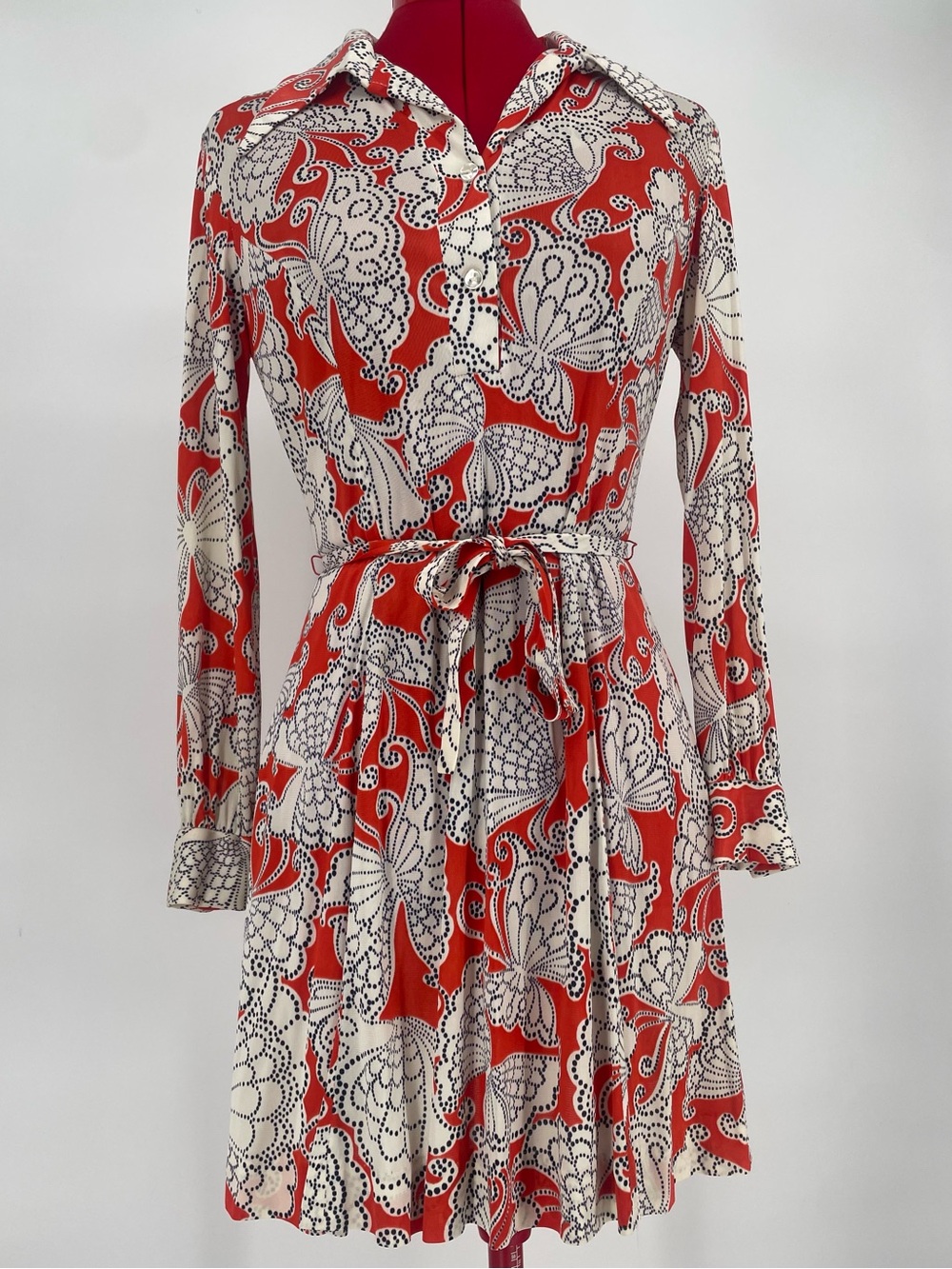 60s 70s Mindy Malone Novelty Butterfly Print Orange & White Shirt Dress Mini